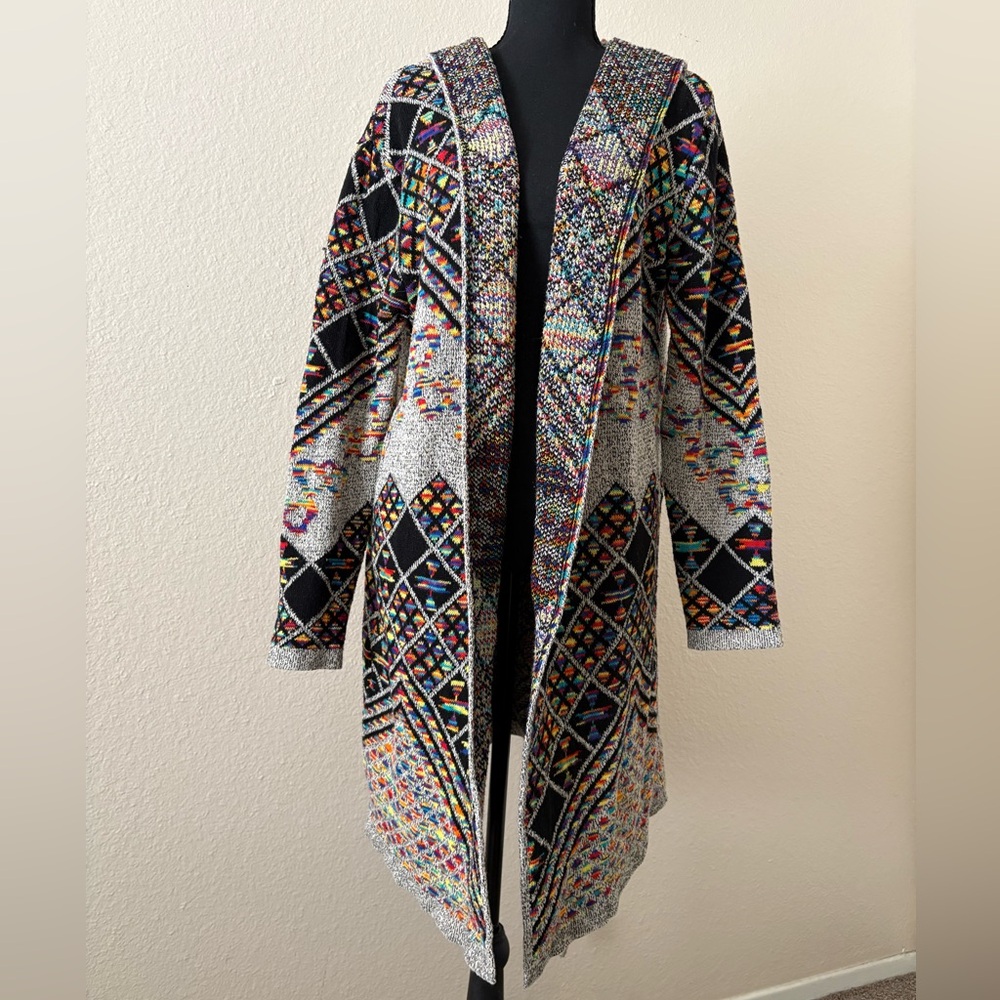 Rainbow Geometric Southwest Knit Open Cardigan 2X Crocheted Hooded Long Sweater - Picture 9 of 10